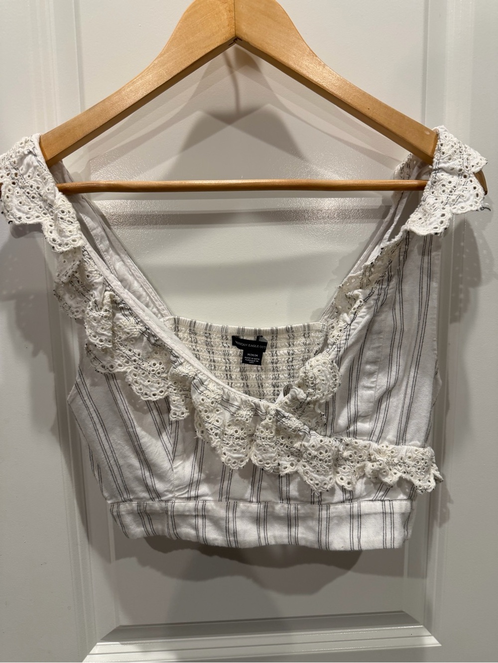 American Eagle Outfitters White Striped Eyelet-Trim Cropped Top